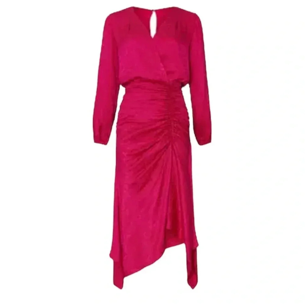 Krisa Pink High Low Surplice Side Ruched Dress Medium